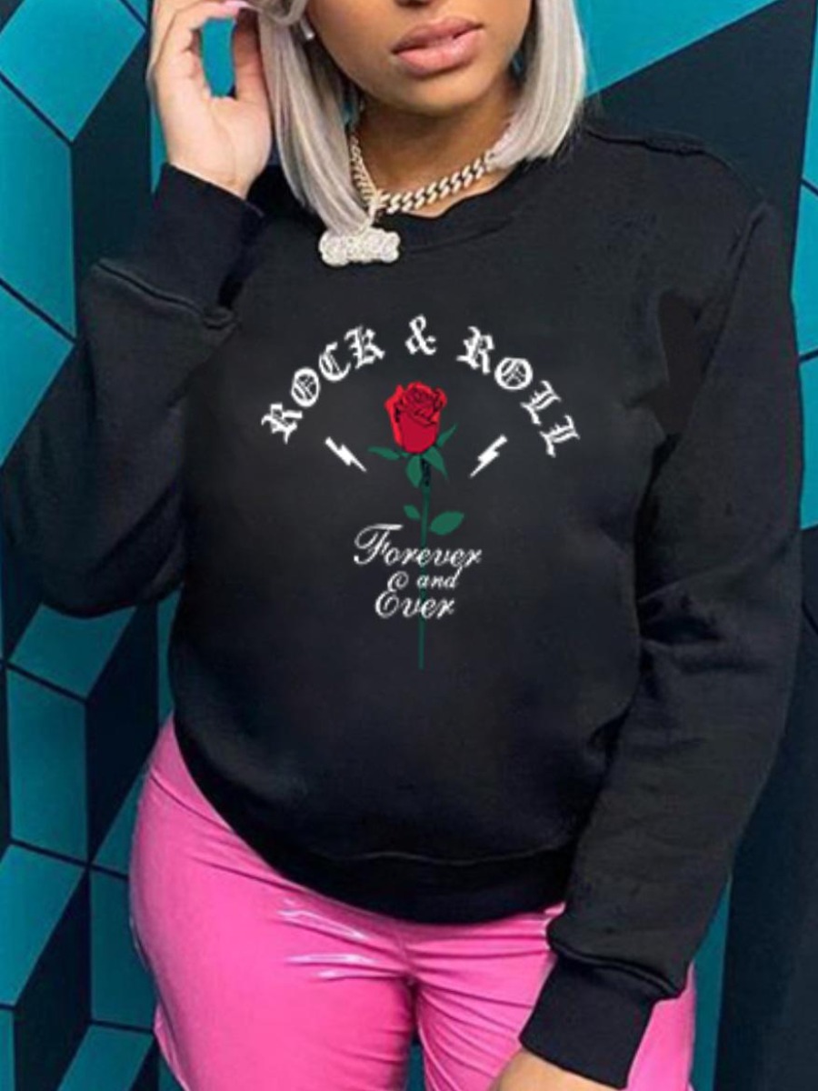 

LW Rose Flower Letter Print Sweatshirt, Black