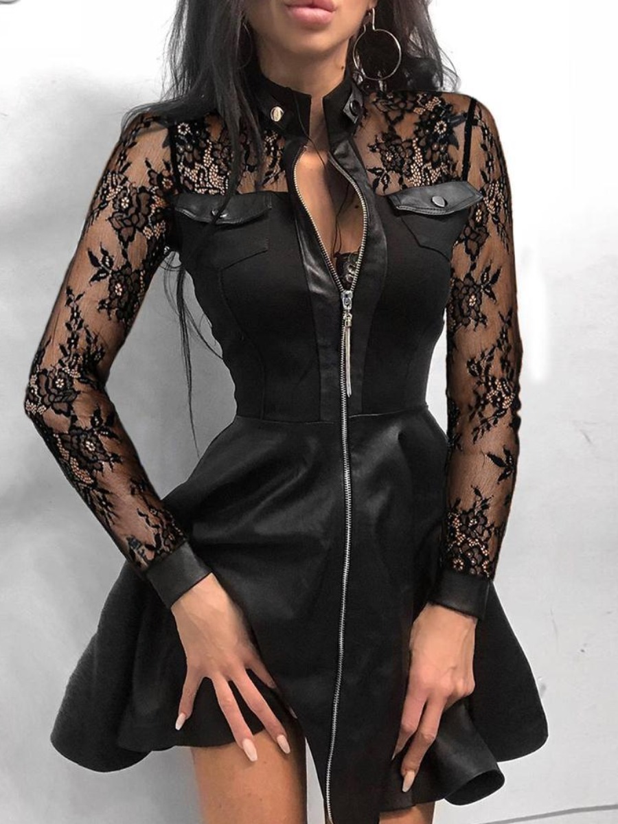 

LW SXY Lace Zip Up Patchwork Bodycon Dress, Black