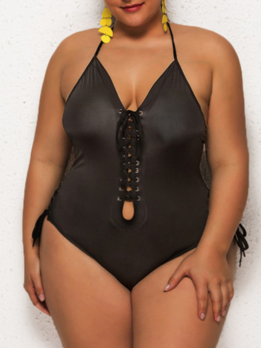 

LW Plus Size Halter Neck Lace-up Cut Out One-piece Swimsuit, Black