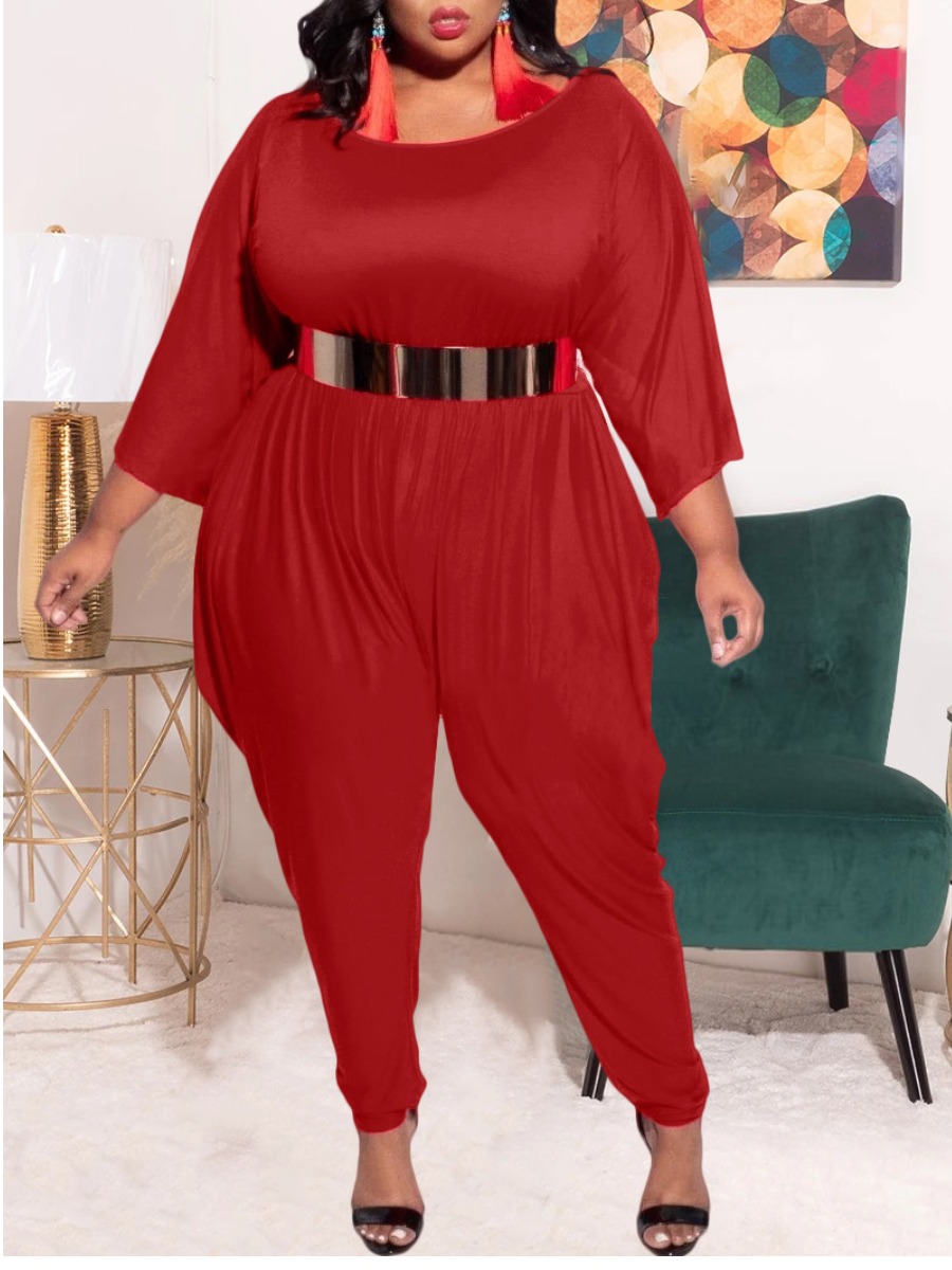 

LW Batwing Sleeve Ruched Pants Set (Without The Belt), Red