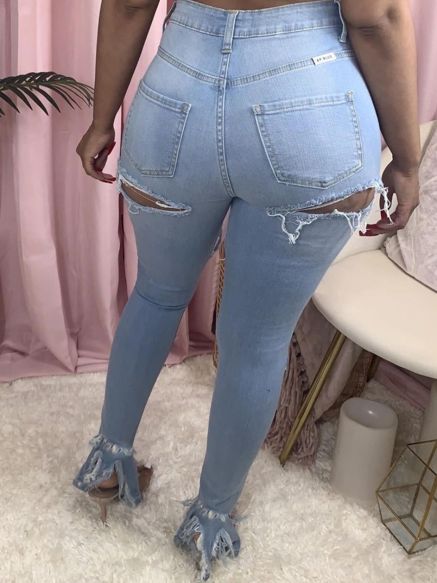 

LW High Stretchy Ripped Raw Edge Jeans, Baby blue