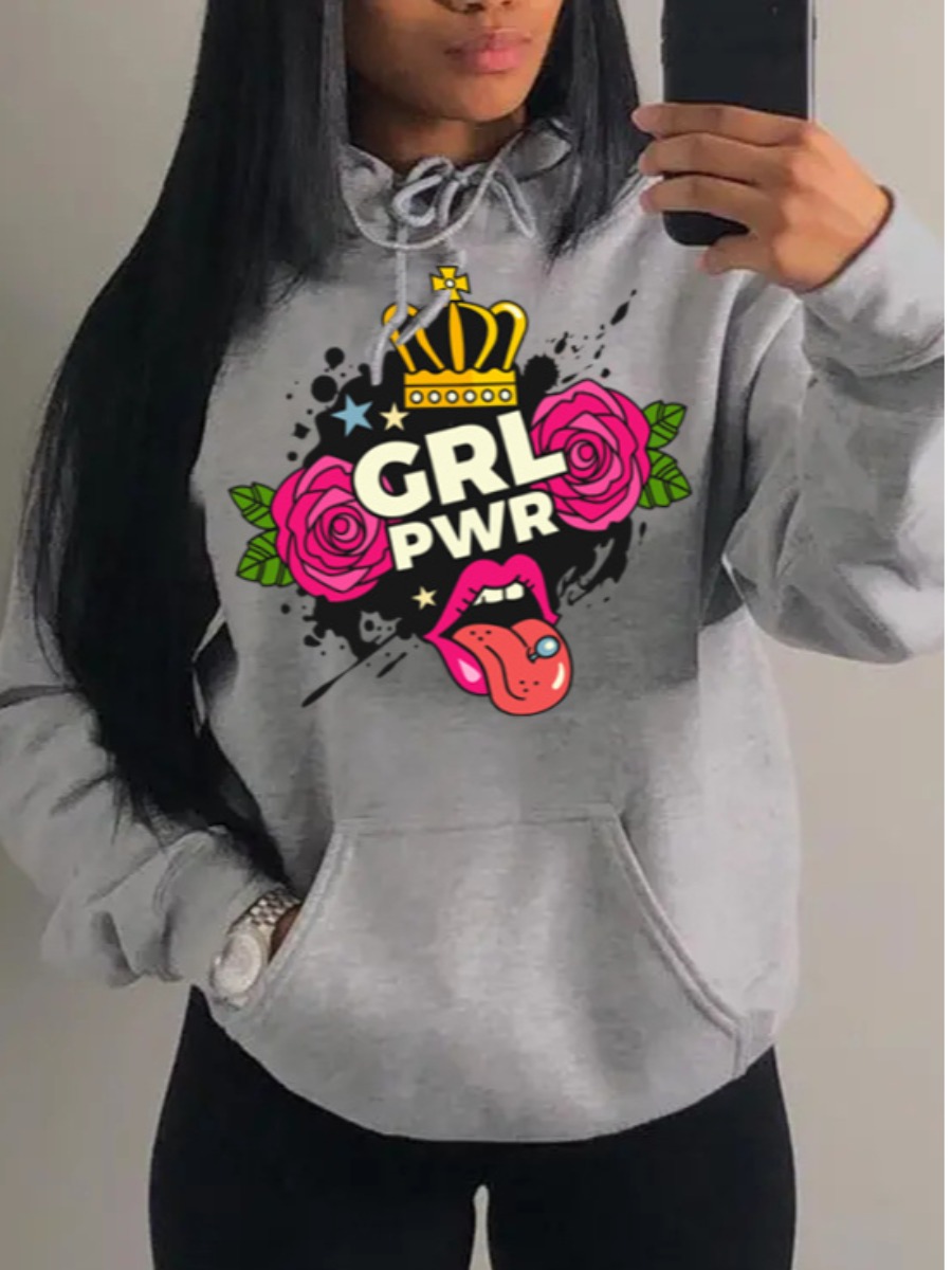

LW Plus Size Rose Flower Letter Print Hoodie, Grey
