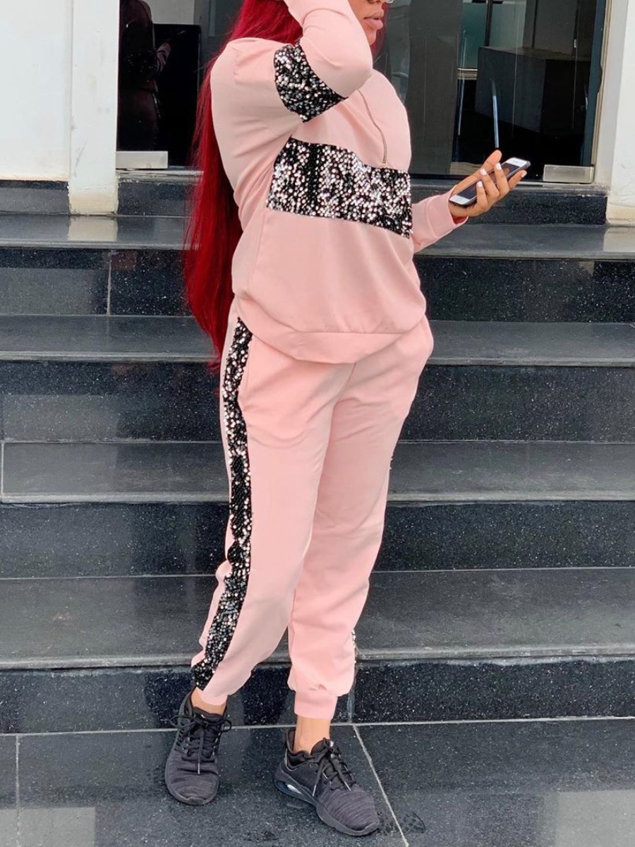 

LW Sequined Patchwork Pants Set, Pink