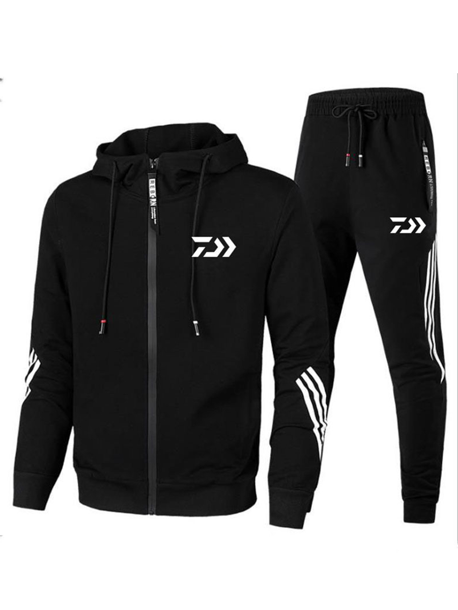 

LW COTTON Men Striped Drawstring Tracksuit Set, Black