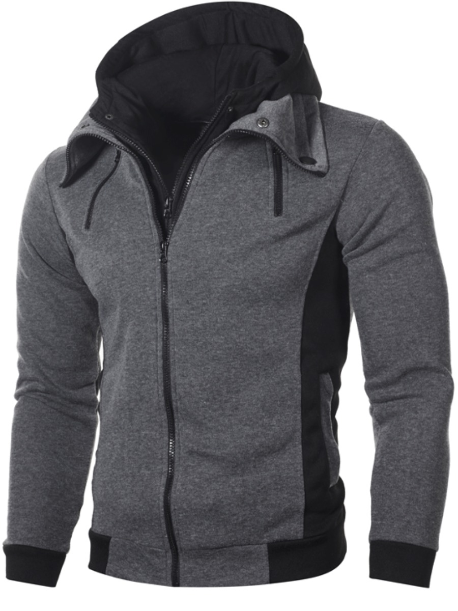 

LW COTTON Men Hooded Collar Zip Up Pocket Pants Set, Dark grey