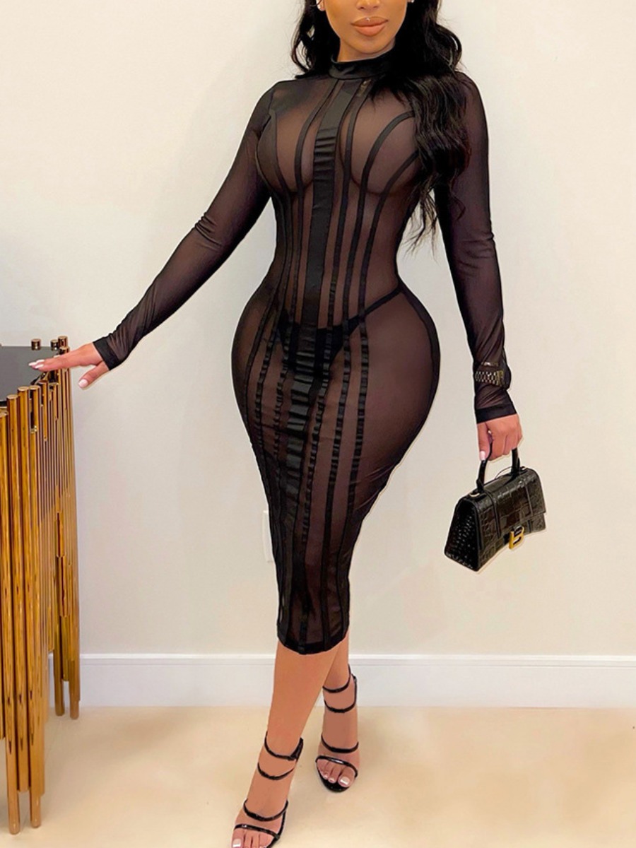 

LW SXY Round Neck See-through Bodycon Dress, Black