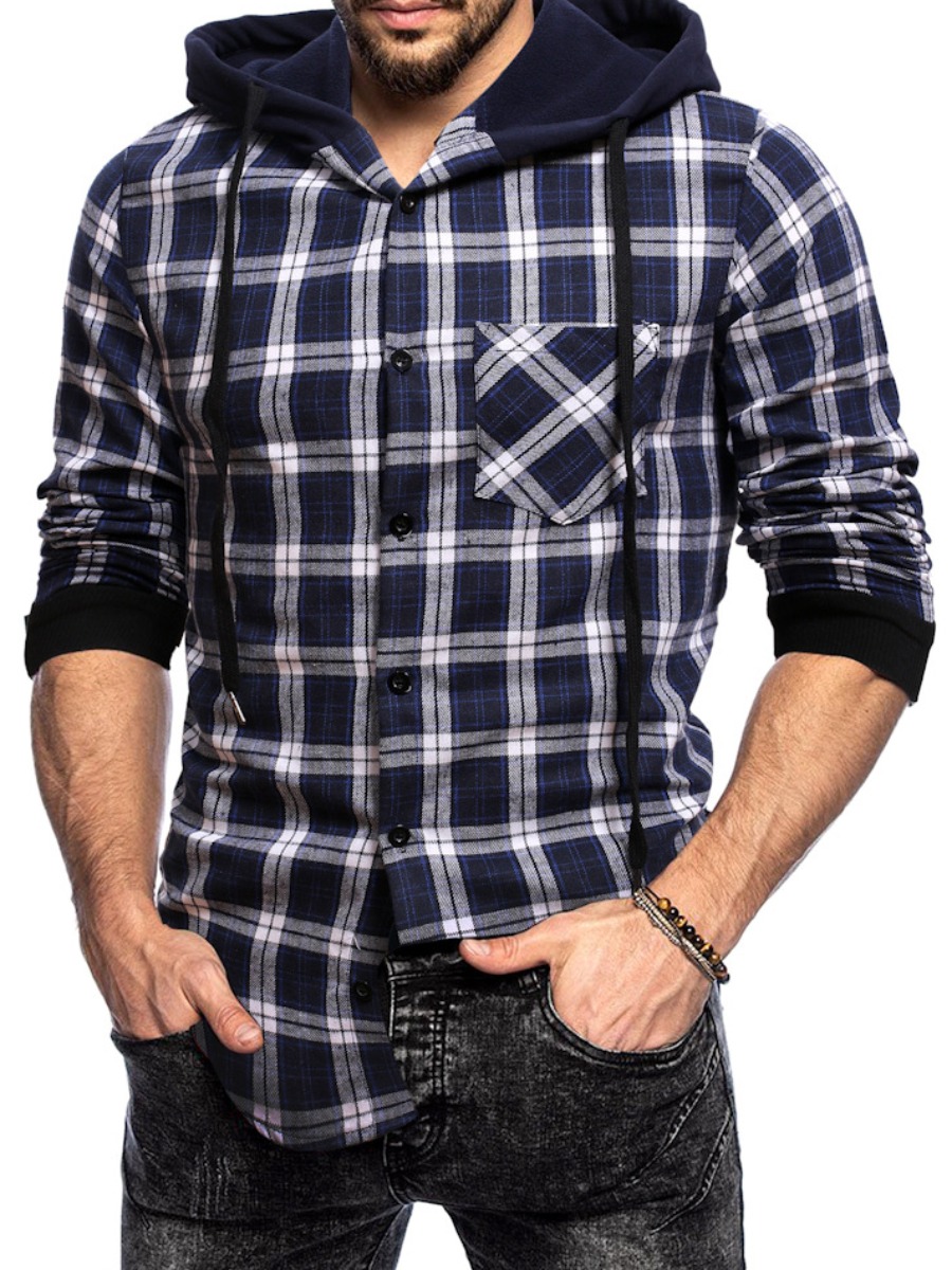 

LW COTTON Men Hooded Collar Plaid Print Shirt, Navy blue