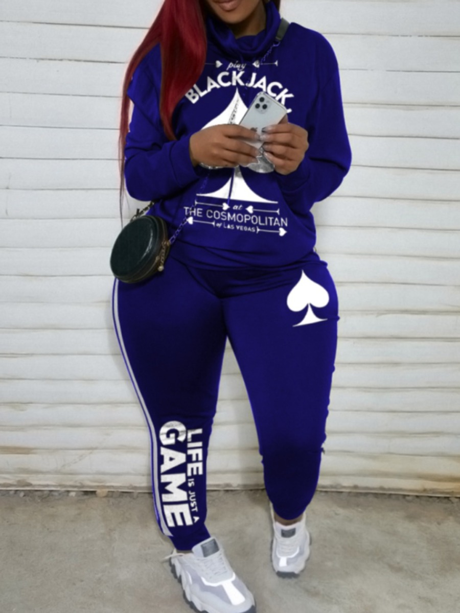 

LW Plus Size Letter Print Striped Tracksuit Set, Royalblue