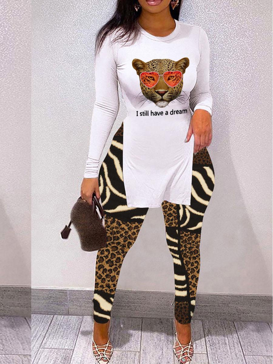 

LW Letter Leopard Print Slit Pants Set, White