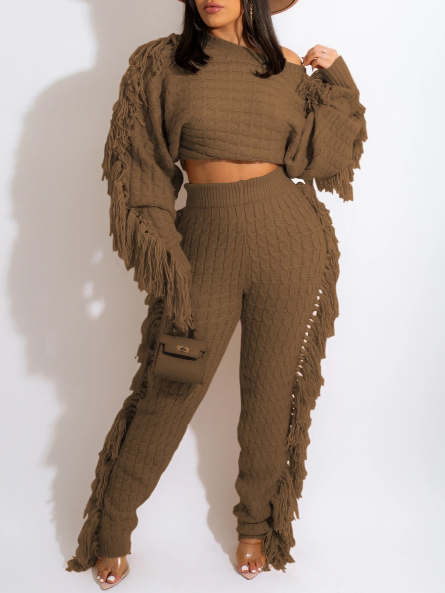 

LW Tassel Design Sweater Pants Set, Coffee