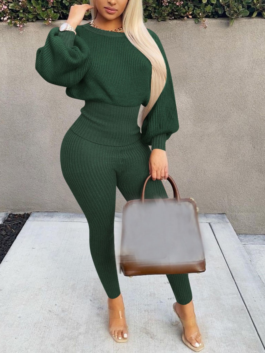 

LW Lantern Sleeve Sweater Pants Set, Black green