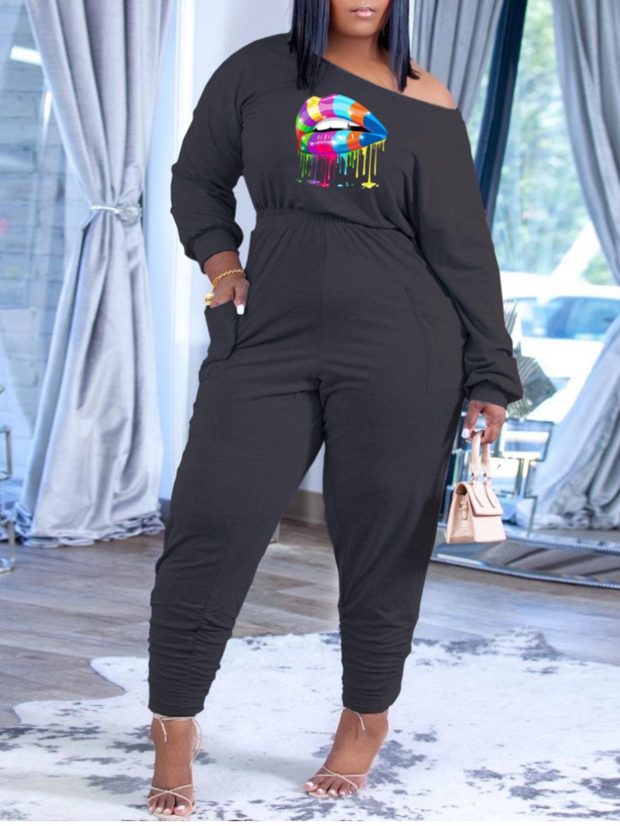 

LW Plus Size Lip Print Pocket Pants Set, Black