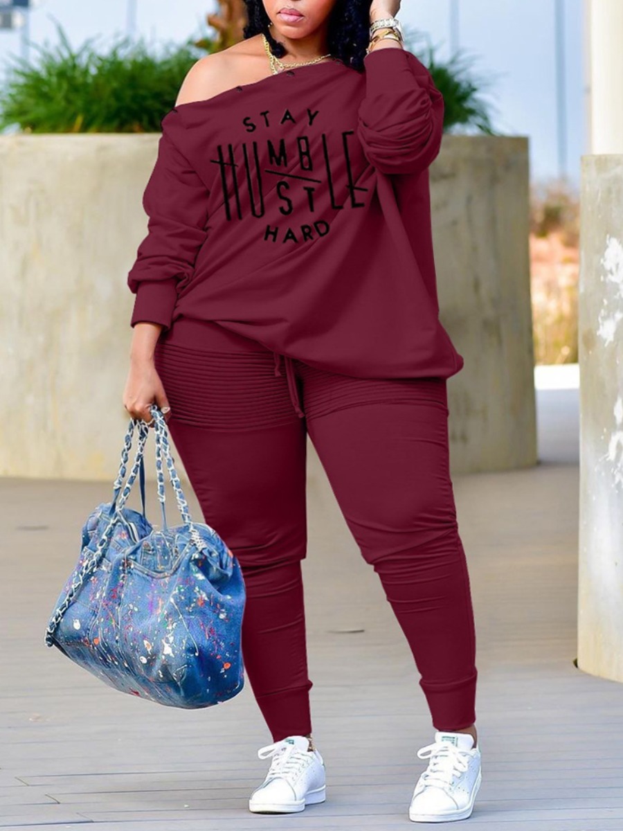 

LW Plus Size Letter Print Drawstring Pants Set, Wine red