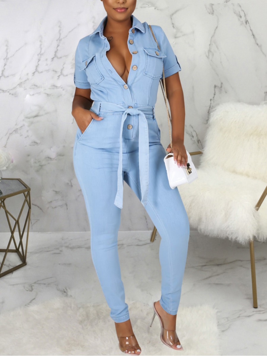 

LW Button Bandage Design Denim Jumpsuit, Baby blue