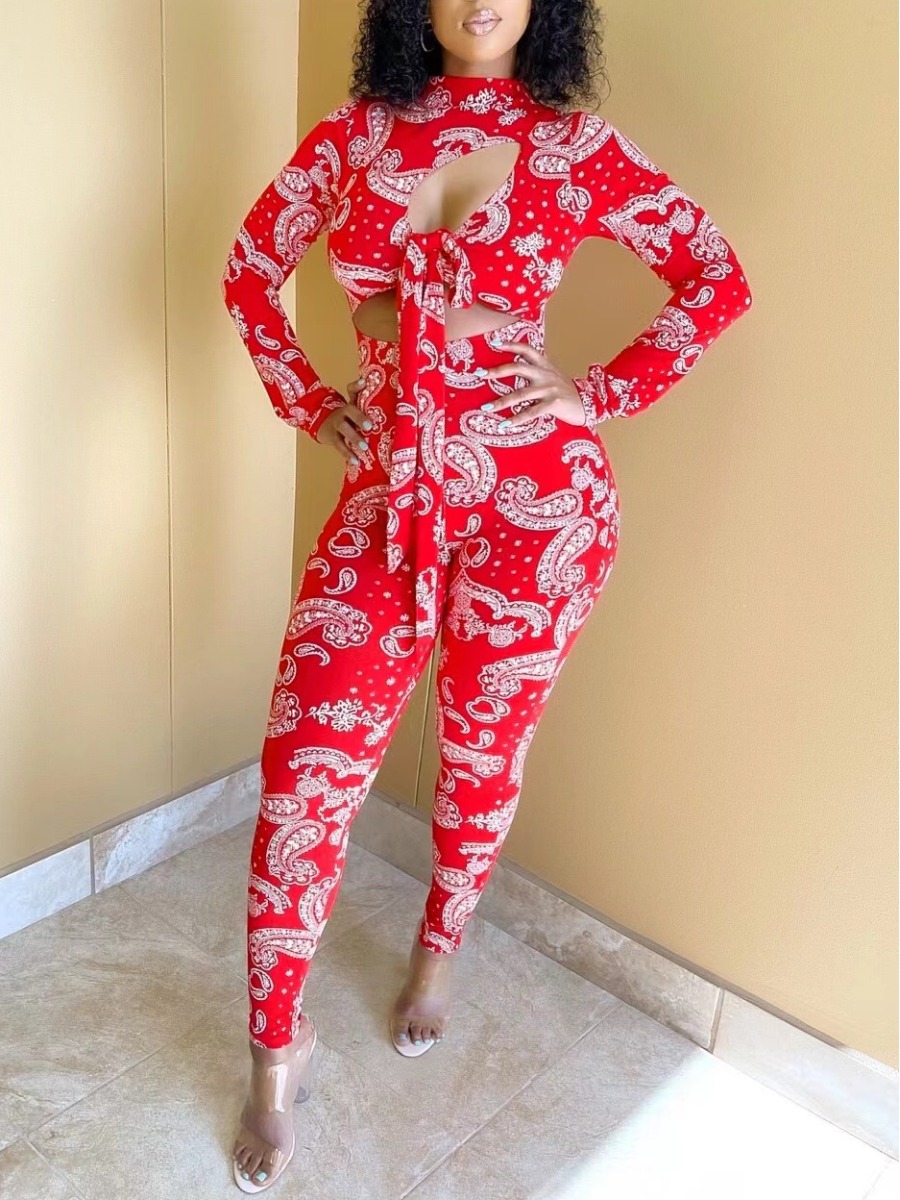 

LW Cashew Print Bandage Hollow-out Jumpsuit, Red