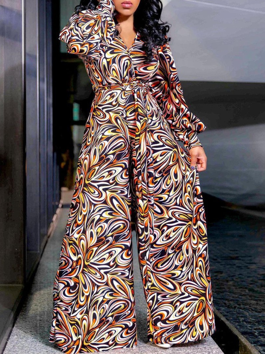 

LW Mixed Print Wide Leg Loose Jumpsuit, Yellow