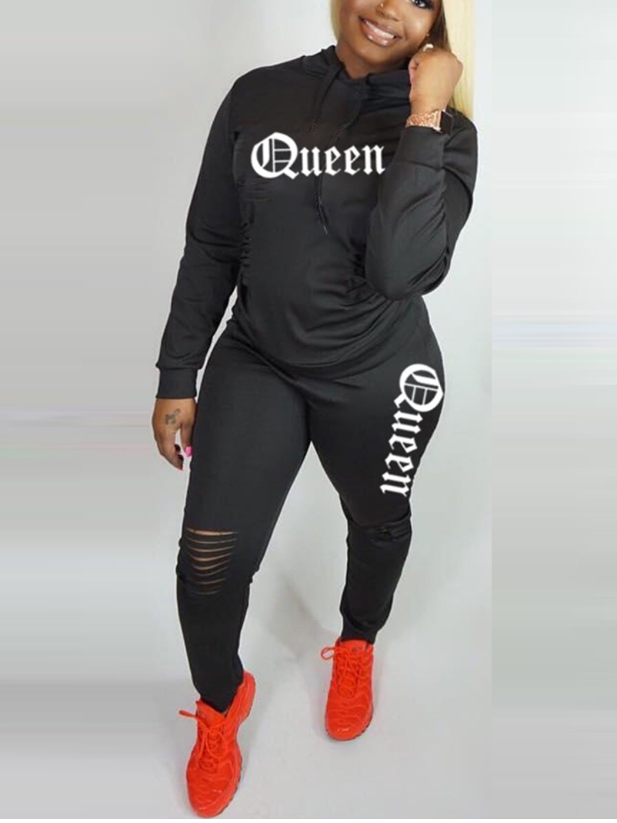 

LW Letter Print Ripped Tracksuit Set, Black