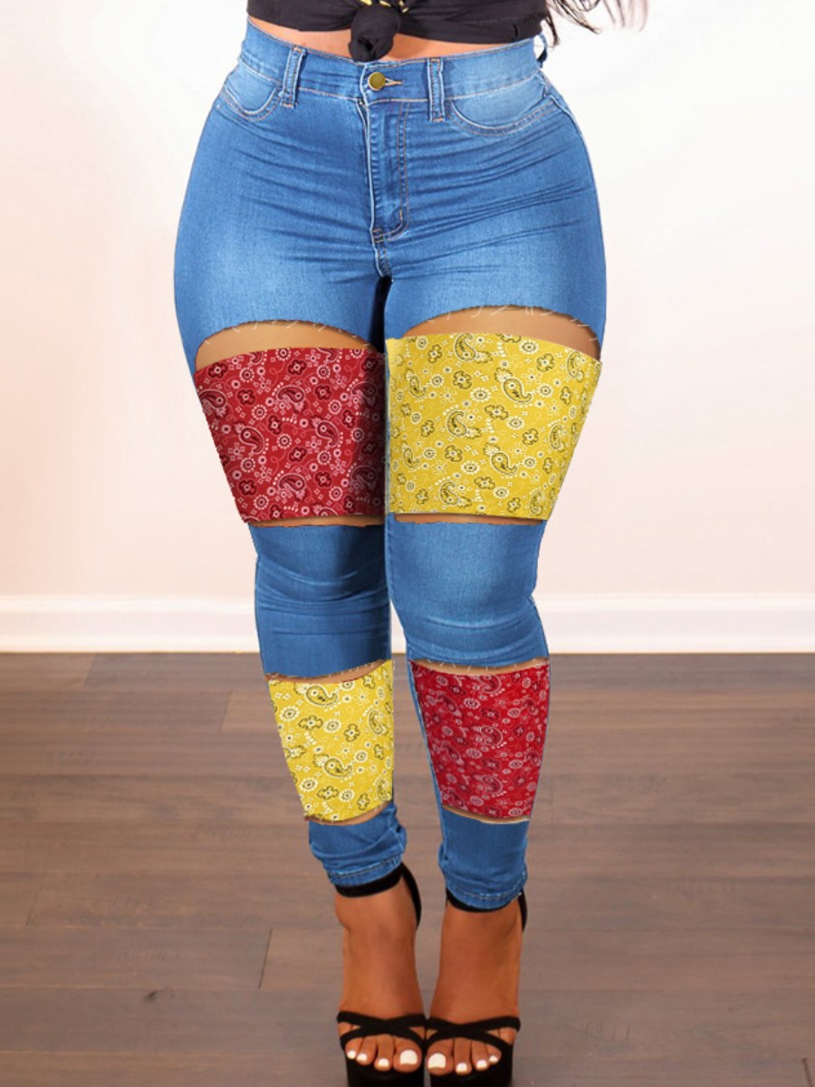 

LW Cashew Print Ripped Jeans (No Stretch), Blue