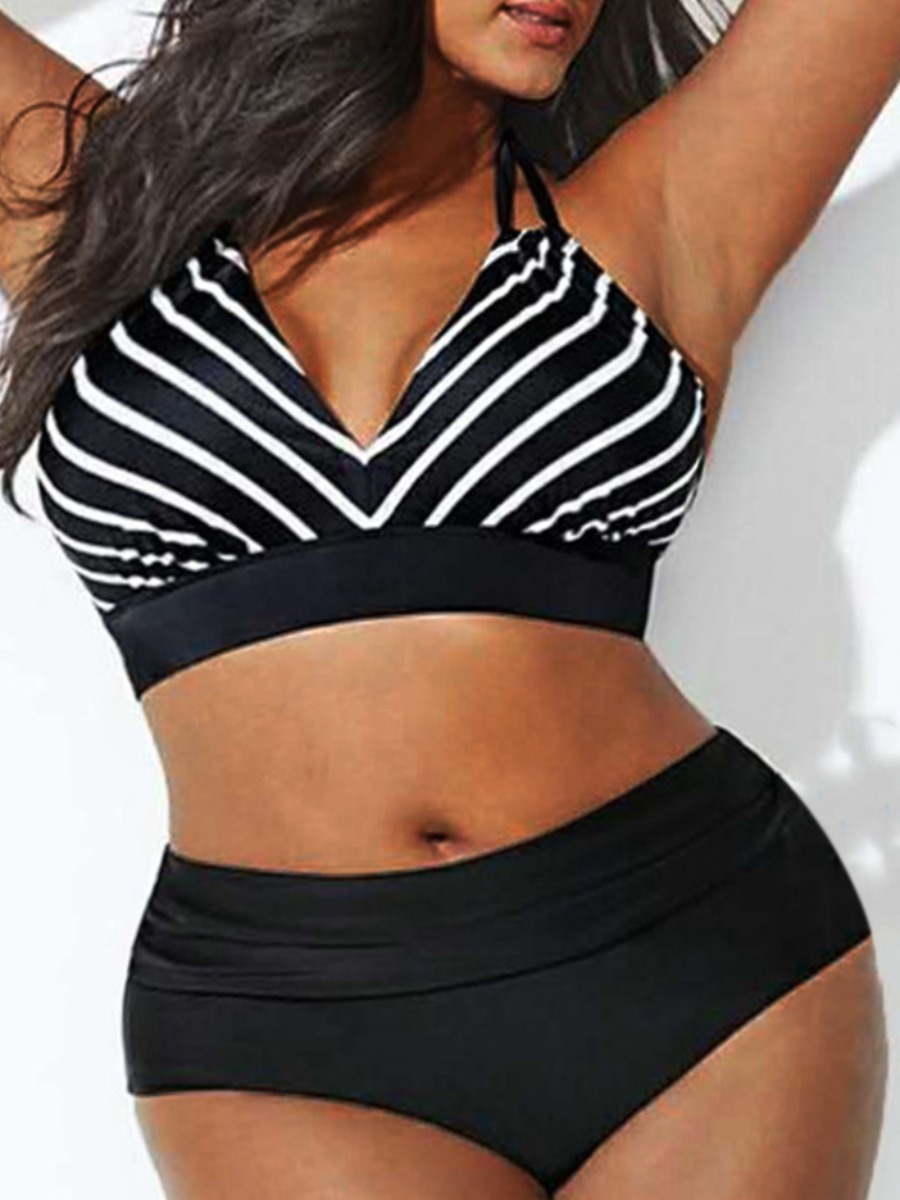 

LW Plus Size Striped Bandage Design Bikini Set, Black