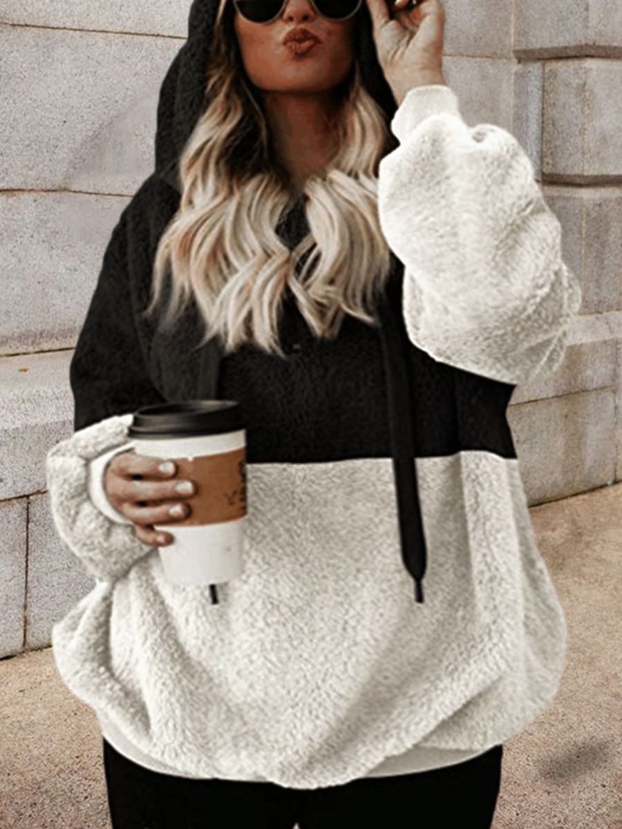 

LW Plus Size Patchwork Teddy Hoodie, Black