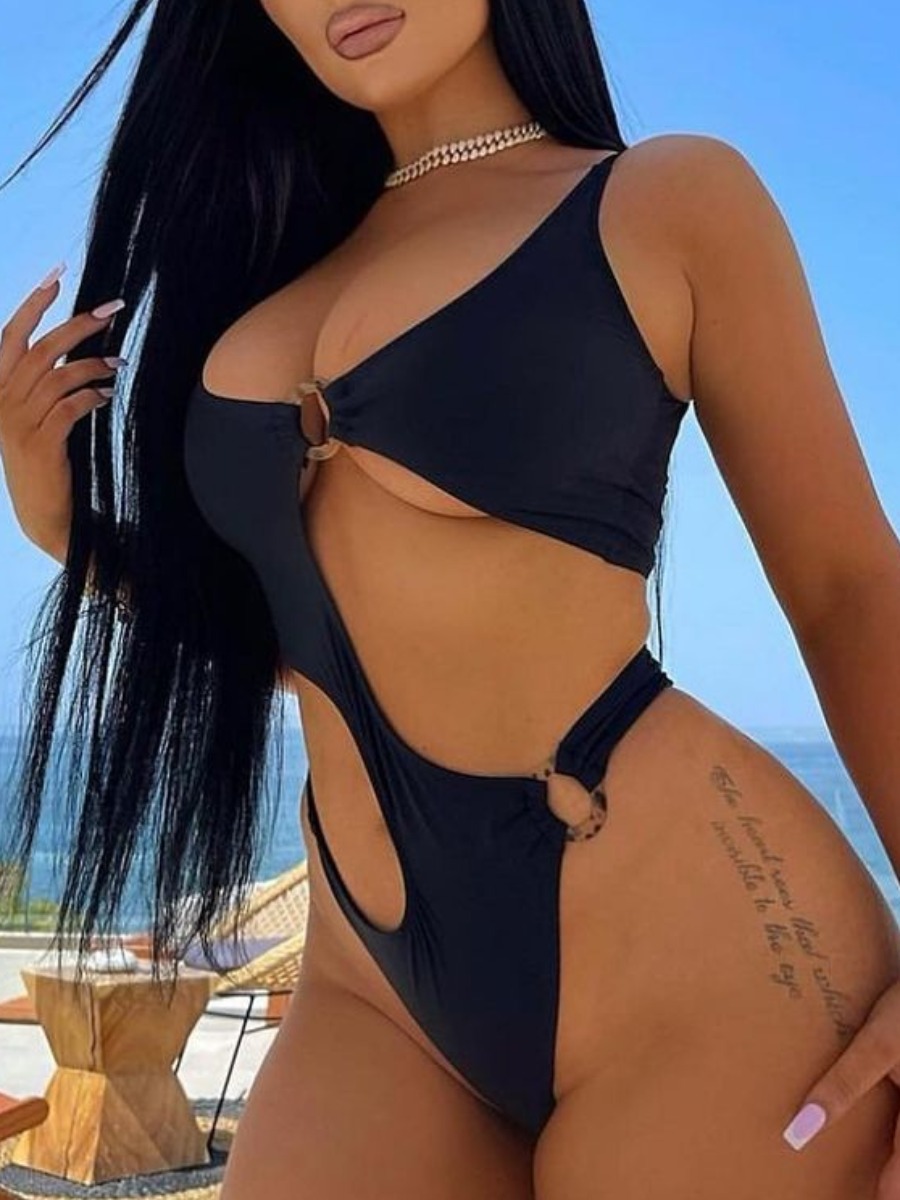 

LW Cut Out Ring Decor One-piece Swimsuit, Black