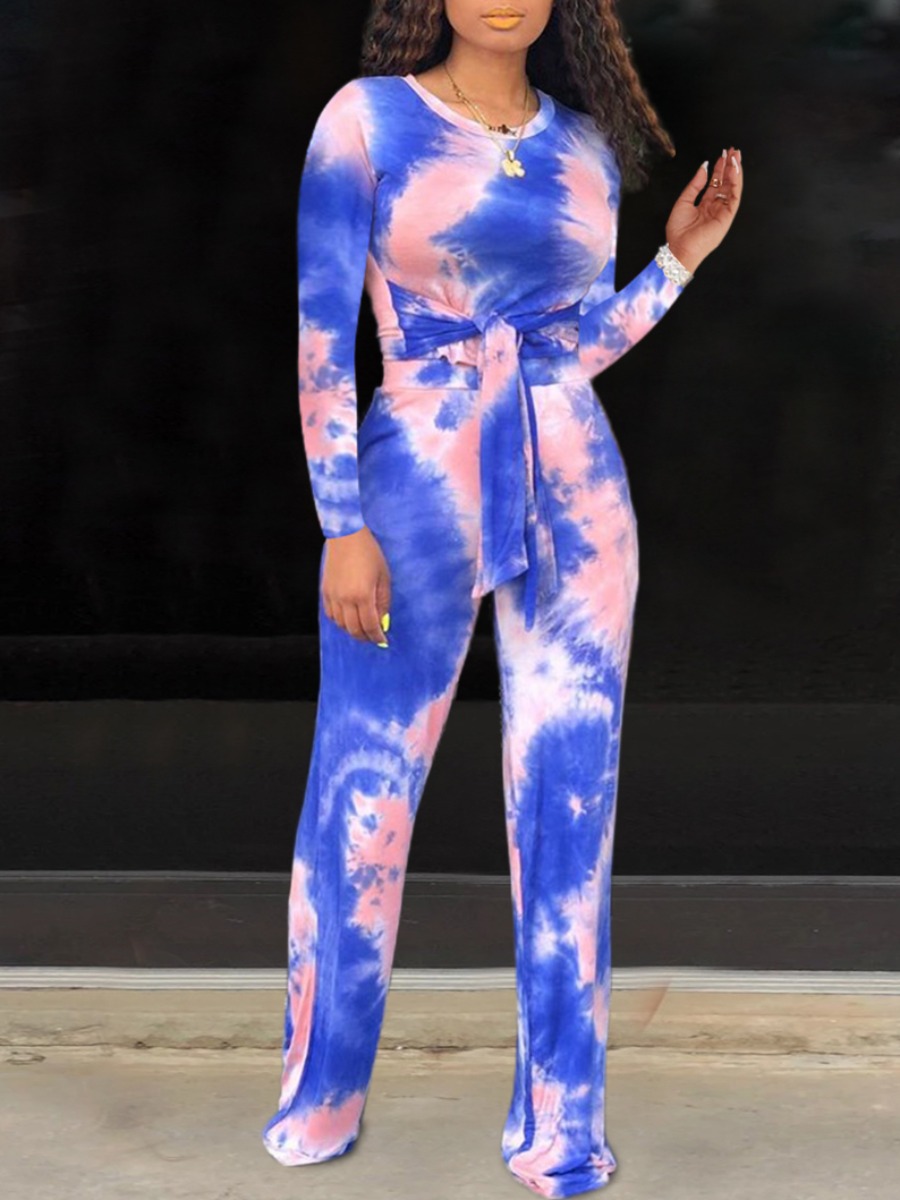 

LW Round Neck Tie Dye Tie Front Pants Set, Deep blue