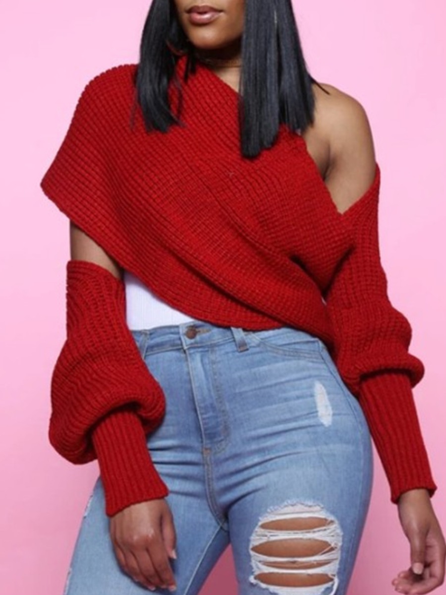 

LW SXY Shoulder Baring Rib Knit Sweater, Red