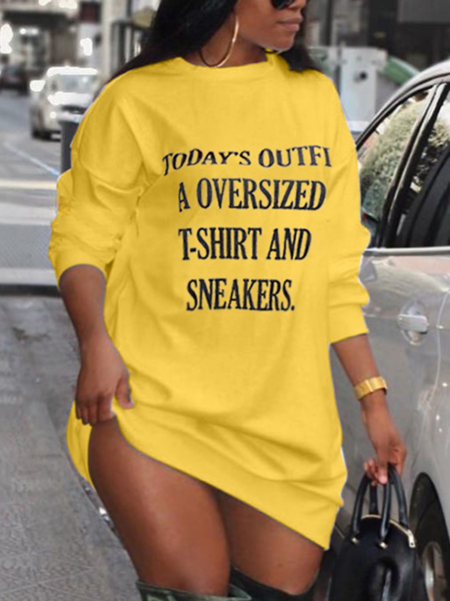 

LW Plus Size Dropped Shoulder Letter Print Sweat Dress, Yellow