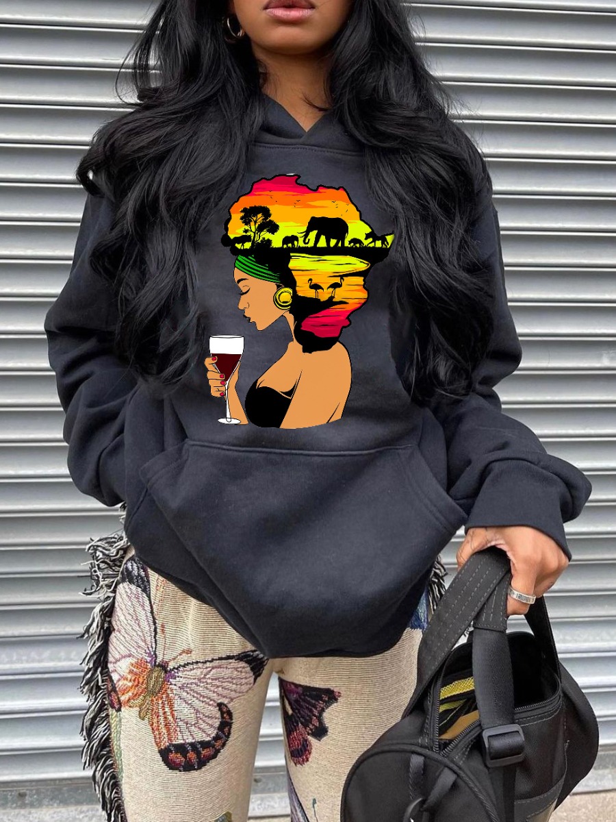 

LW Africa Figure Print Oversized Hoodie, Black