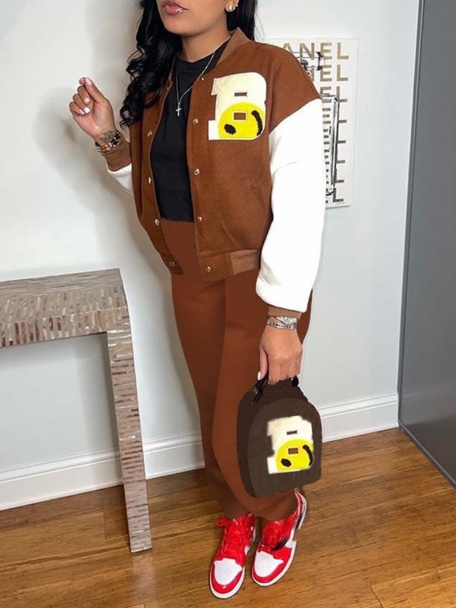 

LW Button Letter Print Patchwork Tracksuit Set, Caramel color