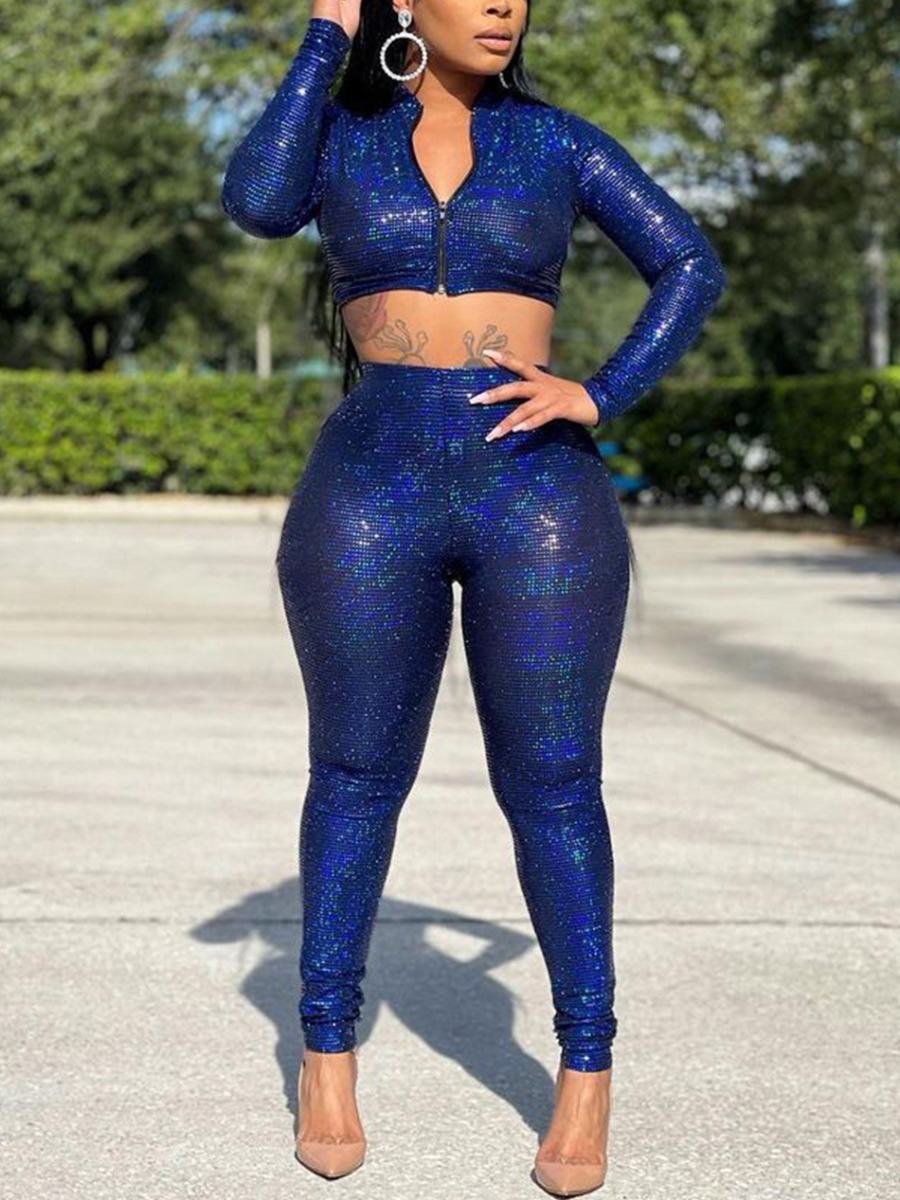 

LW SXY Sequined Crop Top Pants Set, Blue