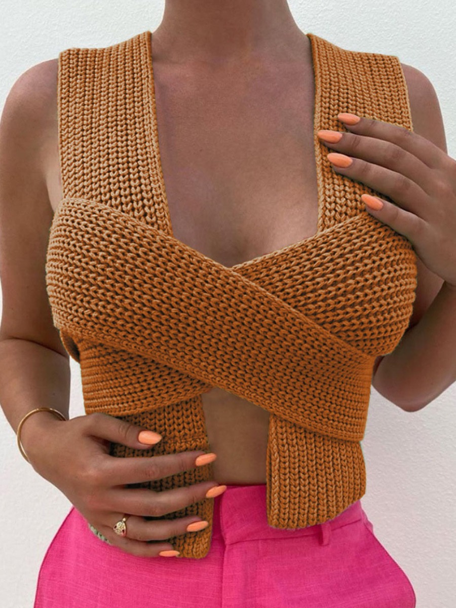 

LW COTTON Cross-over Bandage Design Sweater, Orange brown