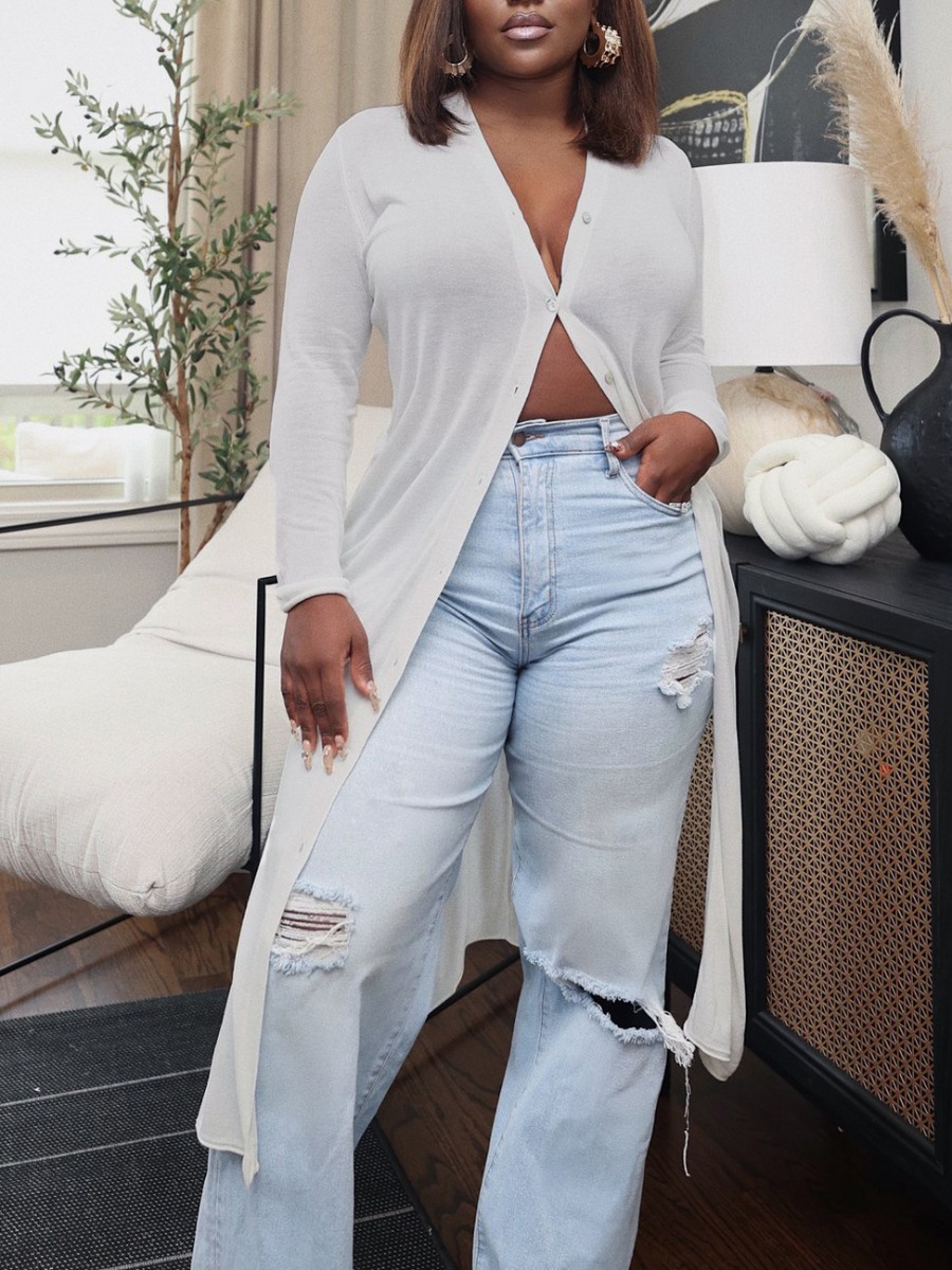 LW Button Design Slit Trench Coat, White