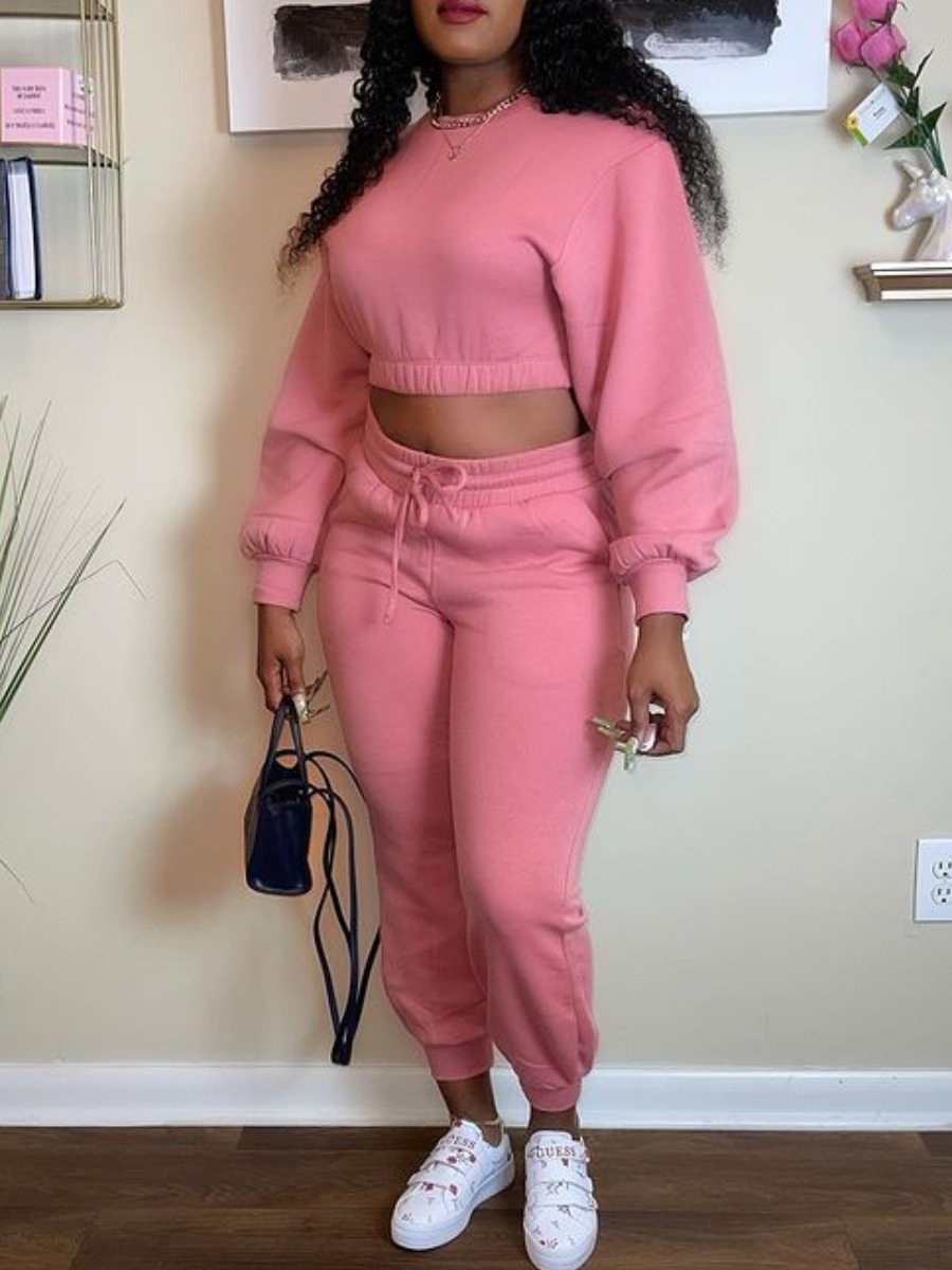 

LW Crop Top Drawstring Tracksuit Set, Pink