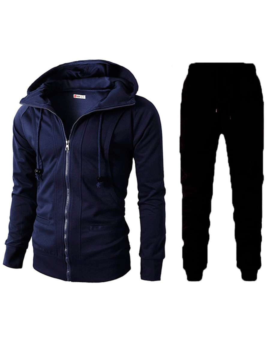 

LW COTTON Men Hooded Collar Zipper Design Tracksuit Set, Dark blue