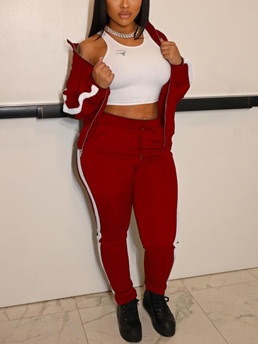 

LW Zip Up Pocket Design Striped Tracksuit Set, Red