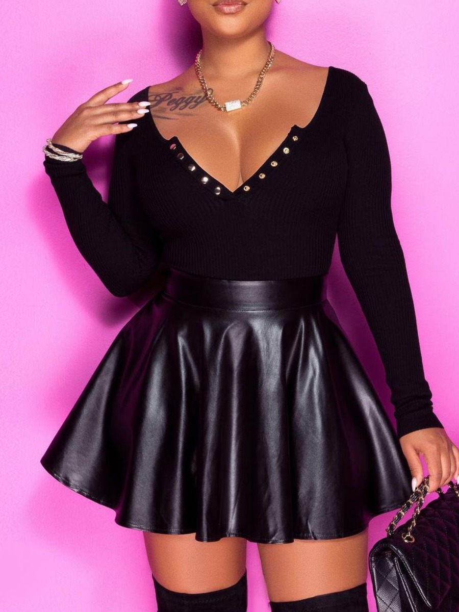 

LW Rib-Knit Leather Skirt Set, Black