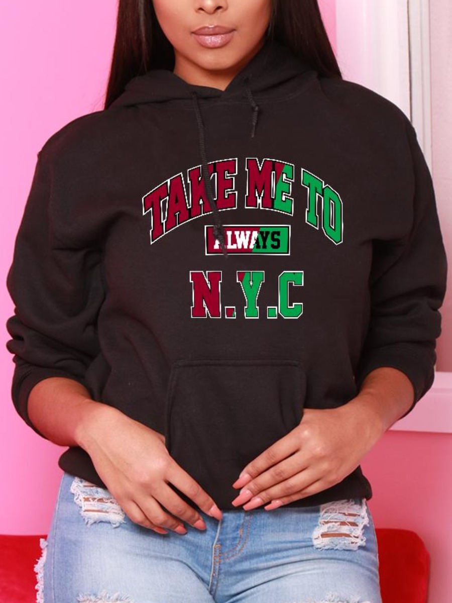 

LW Letter Print Kangaroo Pocket Hoodie, Black