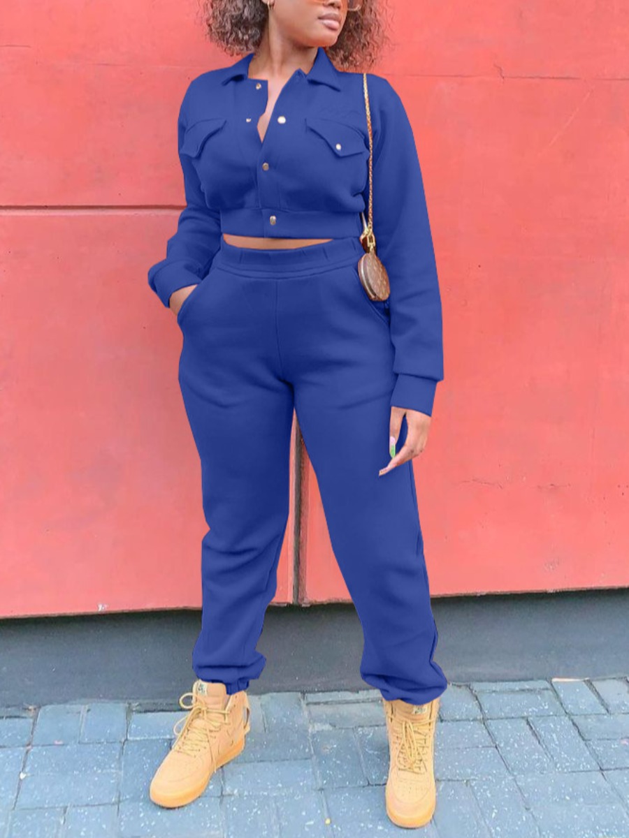 

LW Button Pocket Design Pants Set, Blue