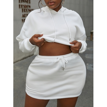 

LW COTTON Hooded Collar Drawstring Crop Top Skirt Set, White