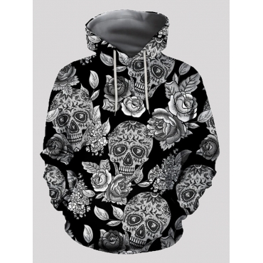 

LW Men Rose Flower Skull Head Print Hoodie, Black