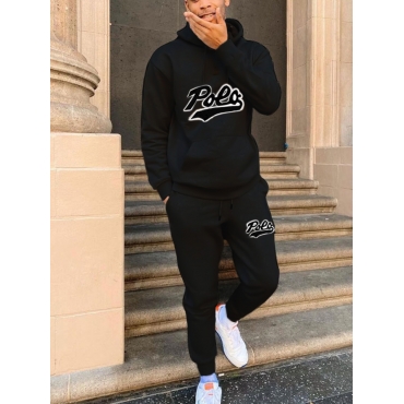 

LW Men Letter Print Drawstring Tracksuit Set, Black