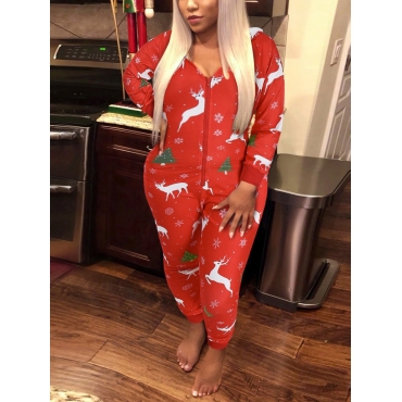 

LW Plus Size Christmas Day Cartoon Print Jumpsuit, Watermelon red