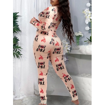 

LW Lip Letter Print Skinny Jumpsuit, Apricot