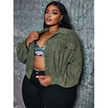 

LW Plus Size Corduroy Button Pocket Design Jacket, Army green