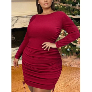 

LW SXY Plus Size Drawstring Ruched Bodycon Dress, Wine red