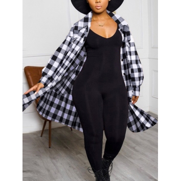 

LW Plus Size Plaid Print Loose Trench Coat, Black & white tartan