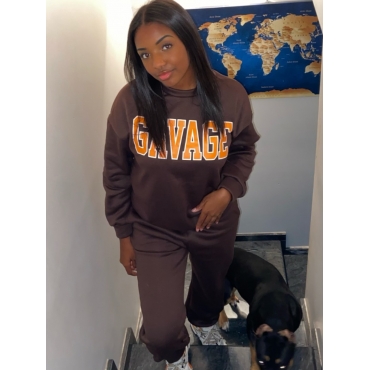 

LW COTTON Solid Color Letter Print Loose Two-piece Pants Set, Dark brown