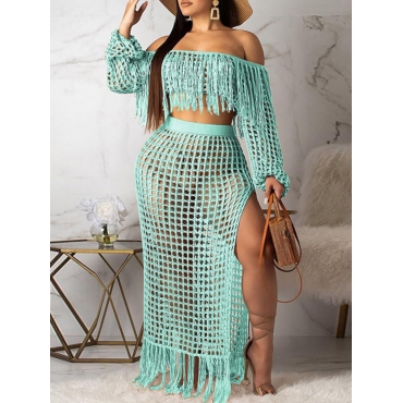 

LW COTTON Plus Size Off The Shoulder Tassel Design Cover-up, Cyan