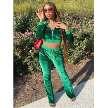 

LW Velvet Pocket Design Crop Top Tracksuit Set, Green